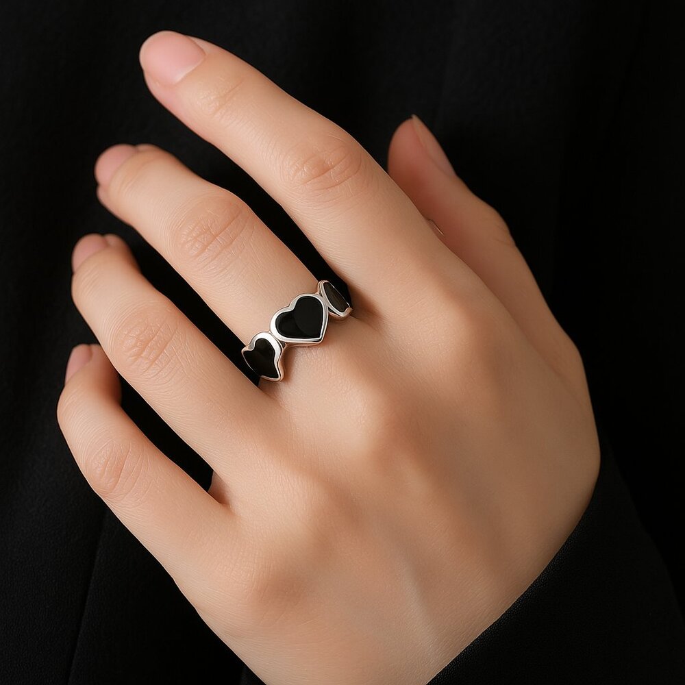 Heart Shape Enamel Open Ring Titanium Steel Silvertone Black Adjustable New